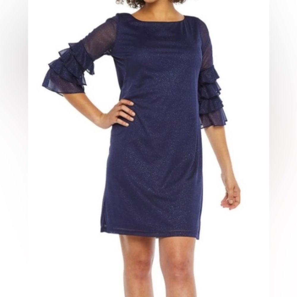 Glittery Holiday Party or SO dress layered ruffled sleeves & above knee blue 14